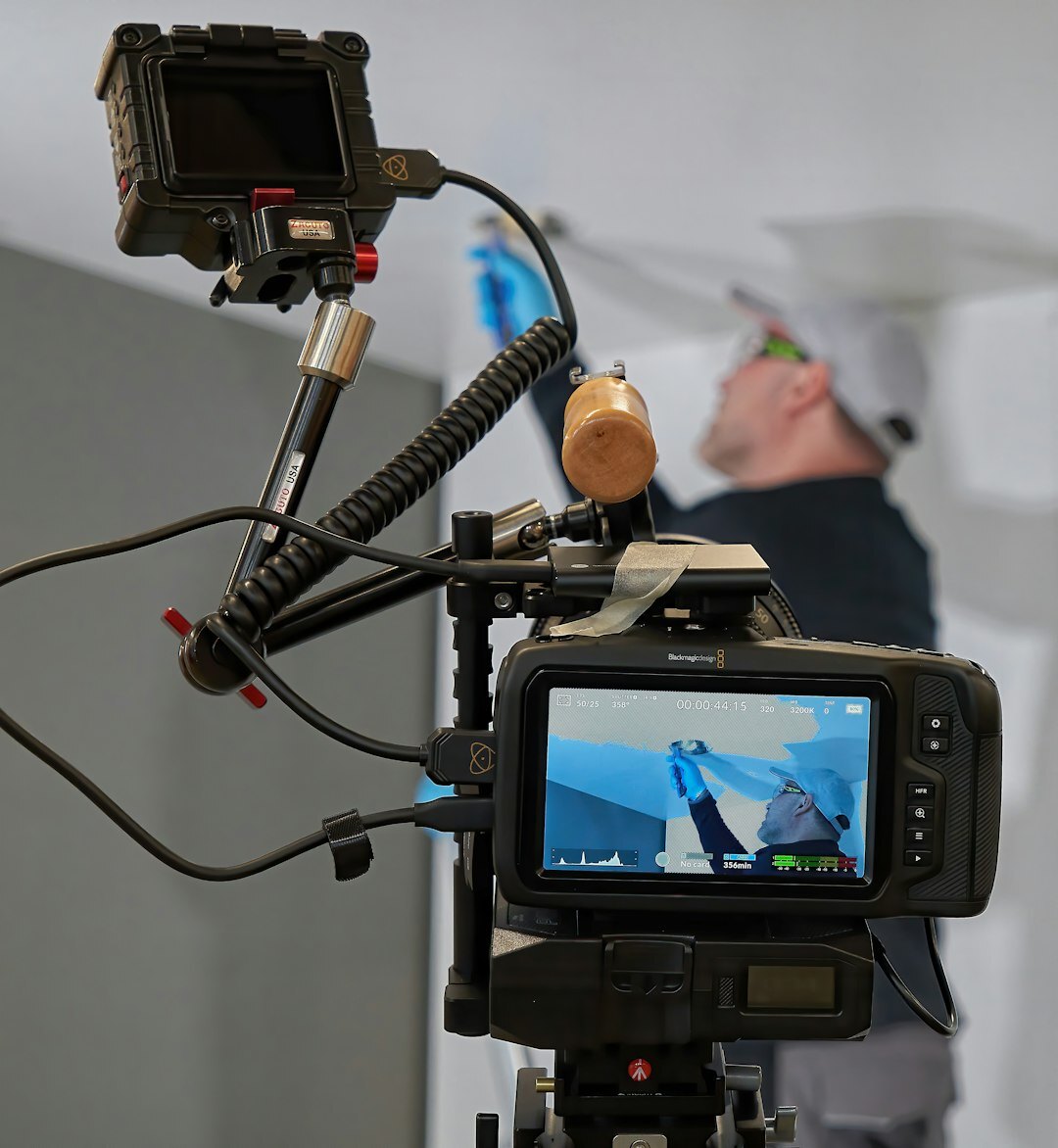 Reporter practicing live news delivery on camera