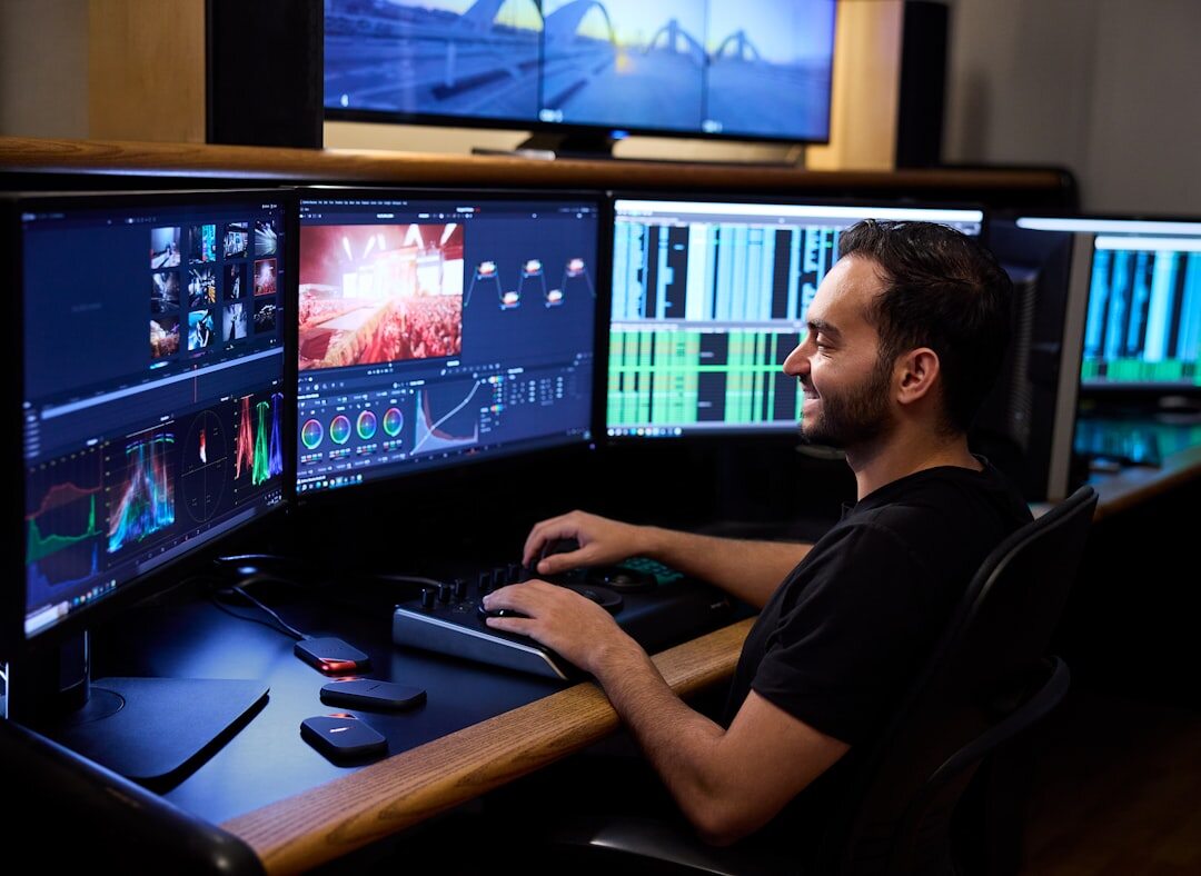 Video editor working on news package in post-production suite